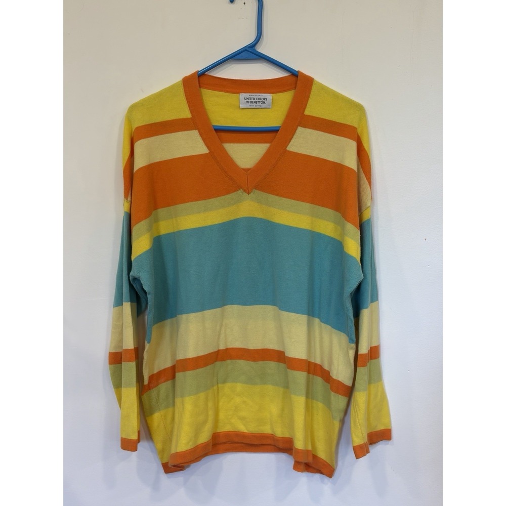 Vintage United Colors of Benetton V-neck Striped Sweater Cotton Grandmacore Sz S